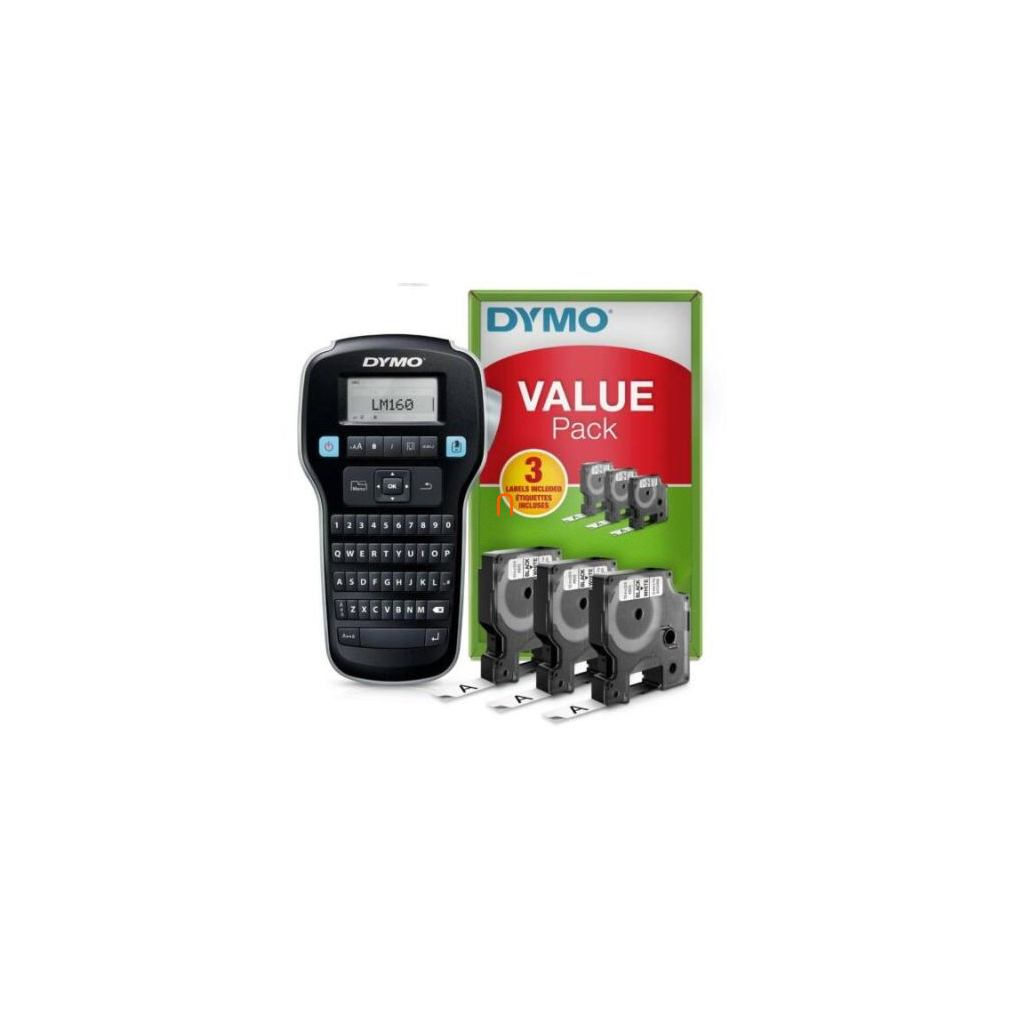Dymo gép LM-160 hordozható (QWERTY billentyűzettel) + 3db D1 kazetta 12mm x7m fehér (fekete betű) 45013, csomagban (2142267)