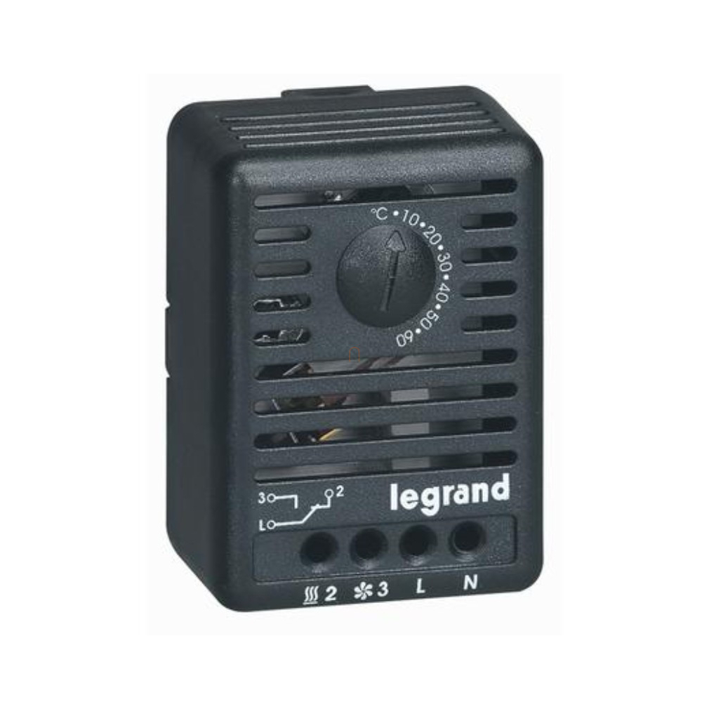 Legrand termosztát 034847 12-250V, nyitó érintkező: 10A,  záró: 5A, sínes rögzítés, 5-60 fok között szabályozható