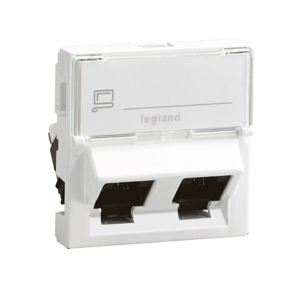 Legrand Program Mosaic RJ45 informatikai csatlakozóaljzat, 2xRJ 45 árnyékolatlan (UTP) Cat6, 2 modul széles, 45 fokban döntött aljzattal, fehér (0765049)