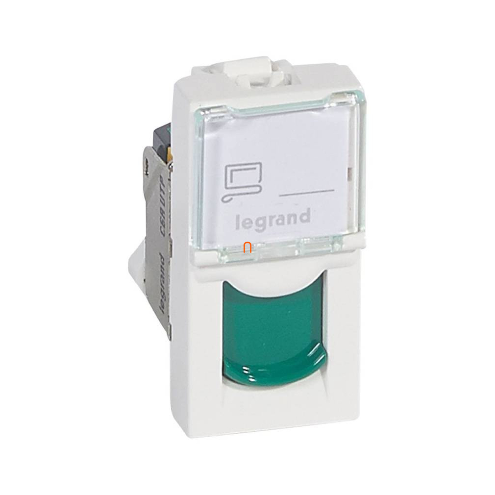 Legrand Program Mosaic RJ 45 informatikai csatlakozóaljzat, 1 x RJ 45 árnyékolatlan (UTP) Cat.6A, 1 modul széles, zöld redőnnyel, fehér 076526