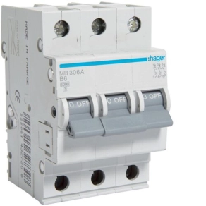 HAGER MB306A Kismegszakító 3P, B-6A, 6kA/10kA, 3M