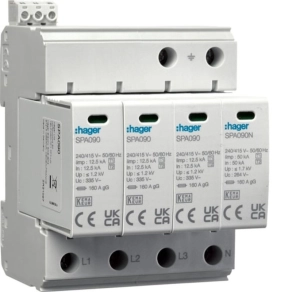   HAGER SPA931 B+C Túlfeszeszültség levezető 4P, Dugaszolható, állapotjelző, távjelzős, 1,5kV, 50kA, TNS/TT