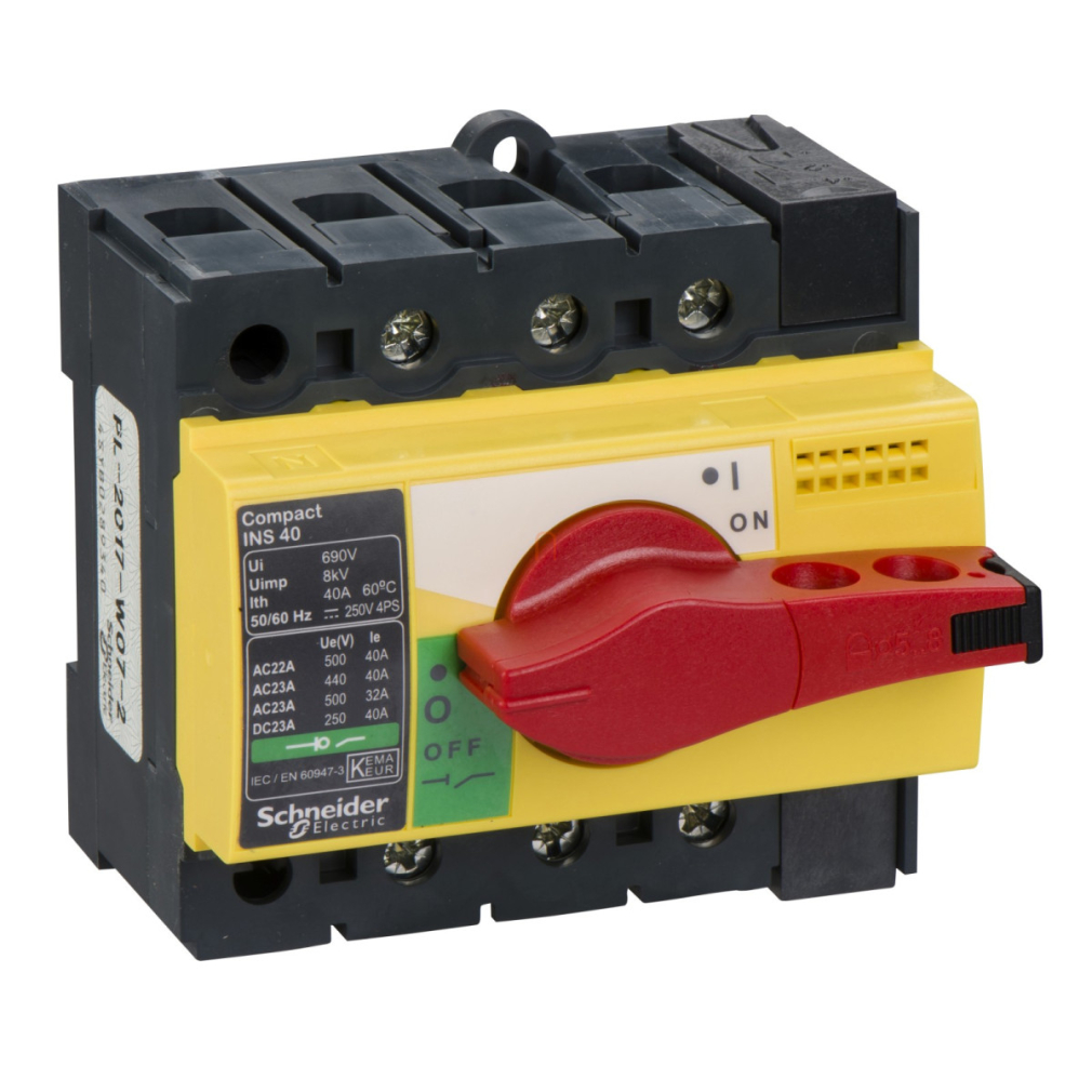 Interpact INS40 3P piros kapcsolókar, sárga homloklap 28916 Schneider