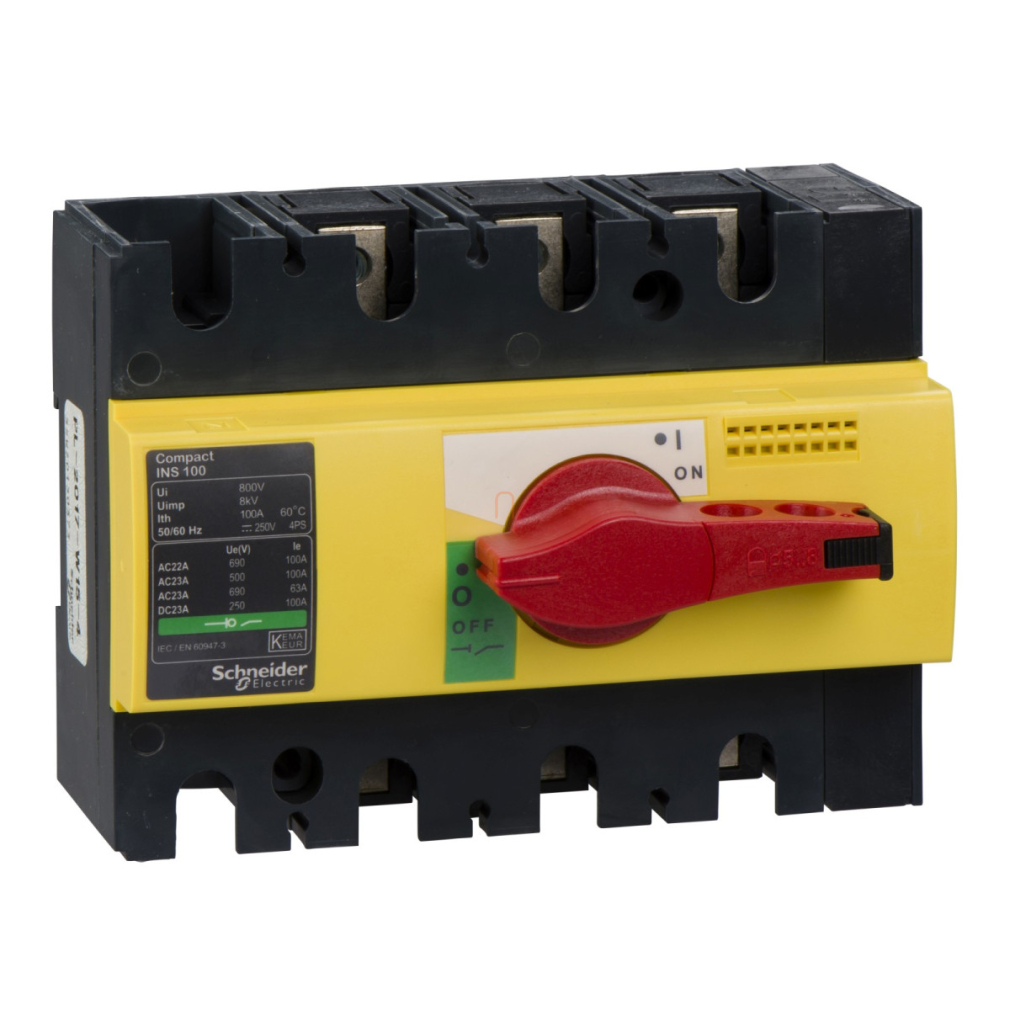 Interpact INS100 3P piros kapcsolókar, sárga homloklap 28924 Schneider