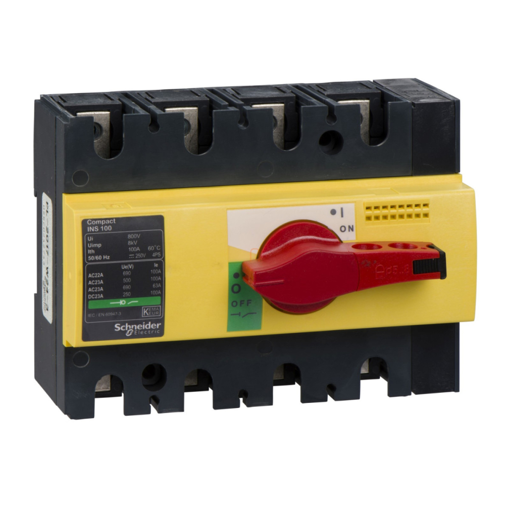 Interpact INS100 4P piros kapcsolókar, sárga homloklap 28925 Schneider