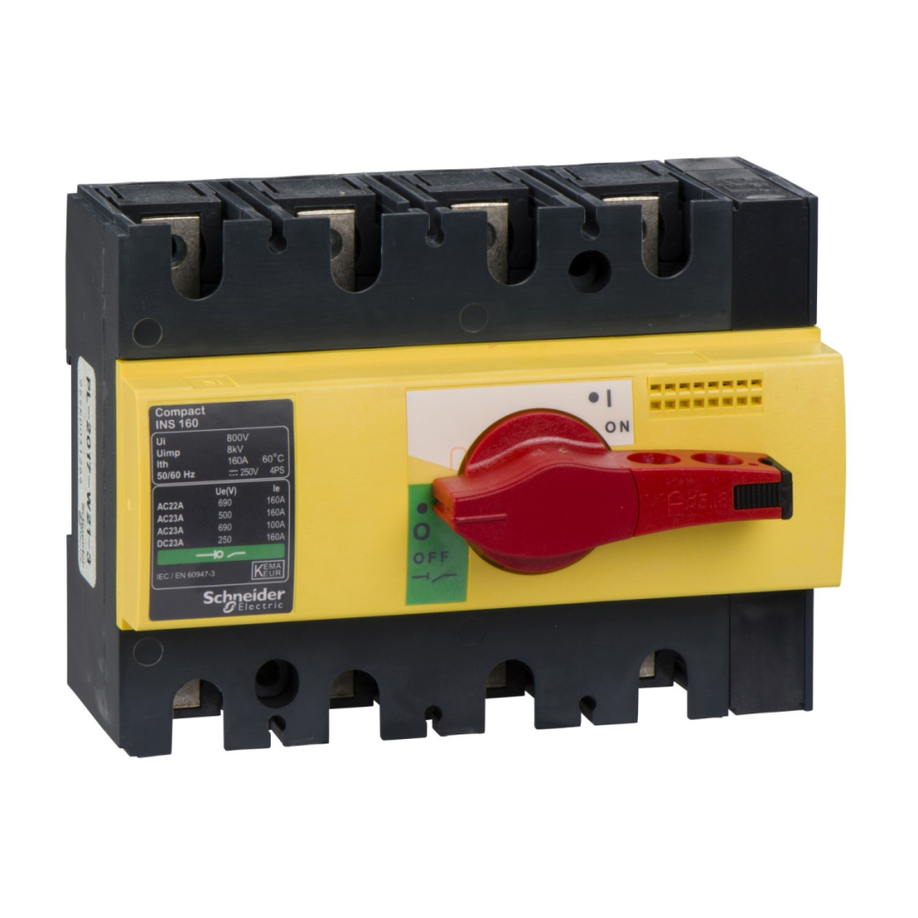 Interpact INS160 4P piros kapcsolókar, sárga homloklap 28929 Schneider