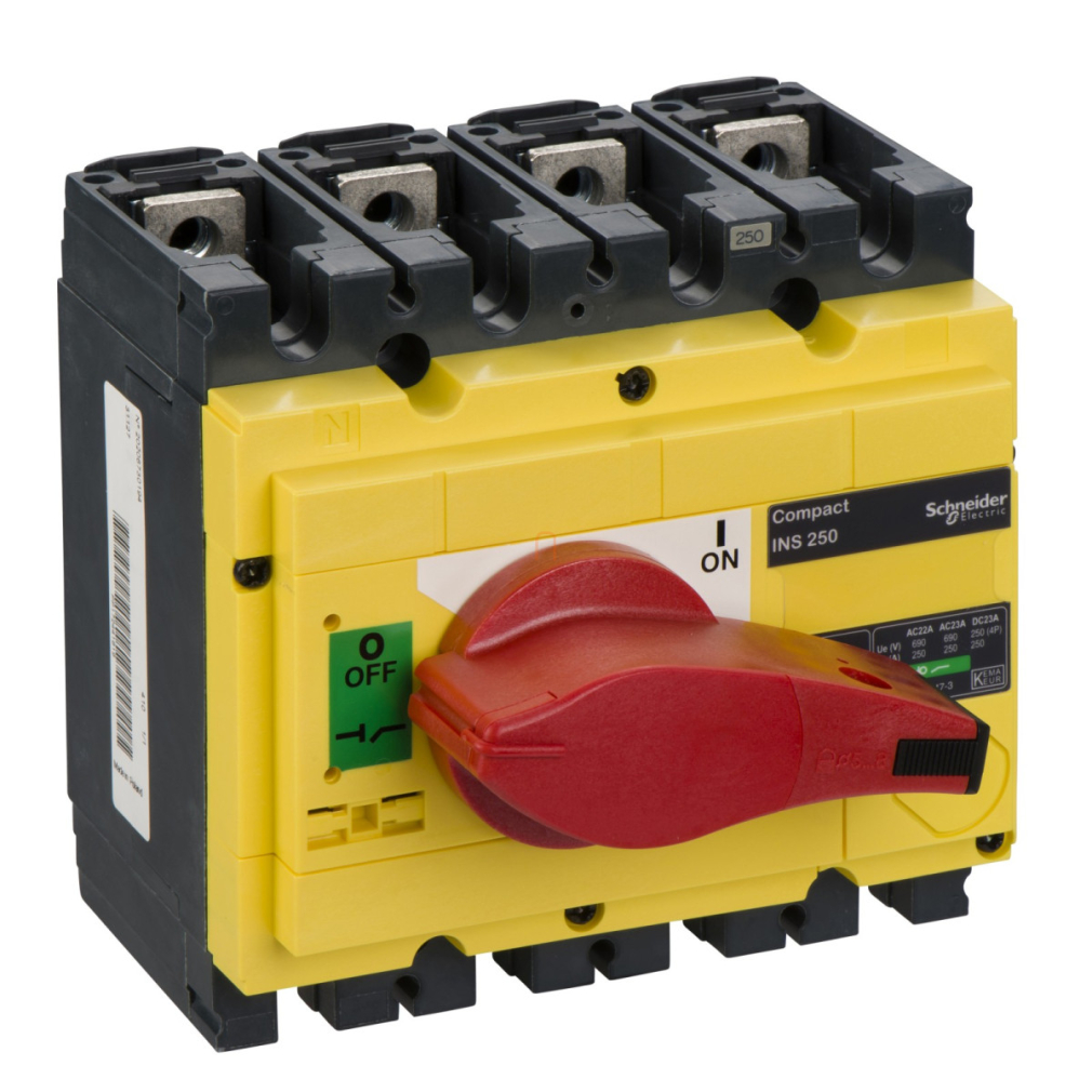 Interpact INS250 4P piros kapcsolókar, sárga homloklap 31127 Schneider