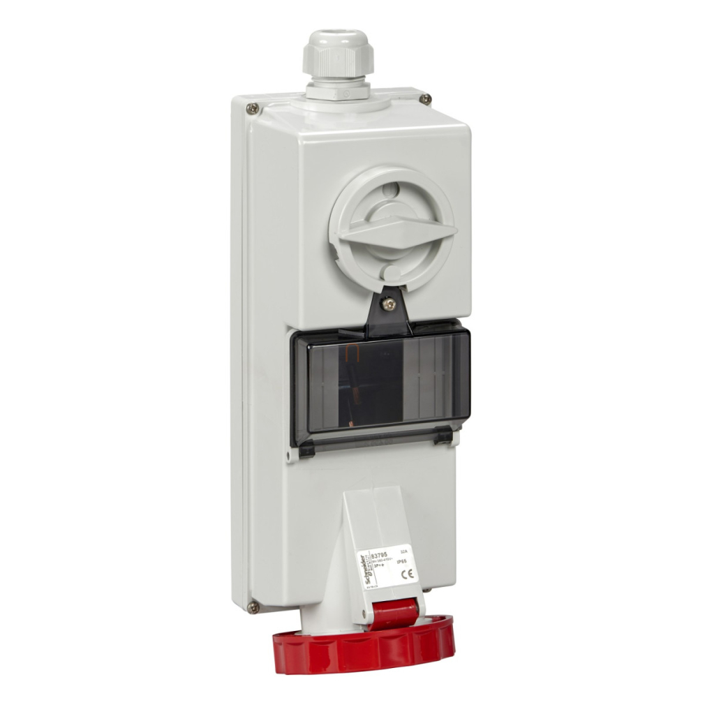 ISOBLOCK Falra szerelhető, reteszelhető aljzat, 3P+N+F, 6h, 32A, 415V, IP65, DIN sínnel 83796 Schneider