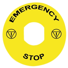 Schneider Electric Harmony XB4 - ZBY8330 - sárga köralakú felirati tábla, Ø90, vészleállítóhoz, logóval, EMERGENCY STOP