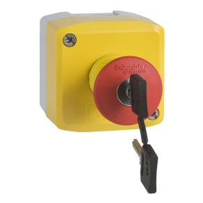 Schneider Electric Harmony XALK - XALK188E - tokozott vészgomb, sárga, 1 piros gombafejű azonnali nyomógomb, kulccsal kioldó, 1NC+1NO, felirat nélkül