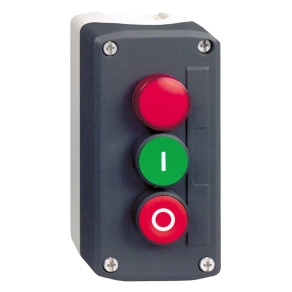 Schneider Electric Harmony XALD - XALD363B - tokozott nyomógomb, 1 zöld - 1 piros nyomógomb - 1 piros 24VAC/DC LED lámpa, 1NO+1NC, "I" "O" feliratok