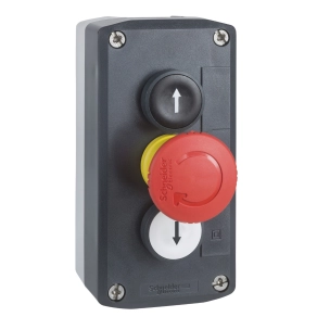 Schneider Electric Harmony XALD - XALD328 - tokozott nyomógomb, 1 fehér - 1 piros gombafejű - 1 fekete, 2NO+1NC, fel és le nyíl, "O" feliratok