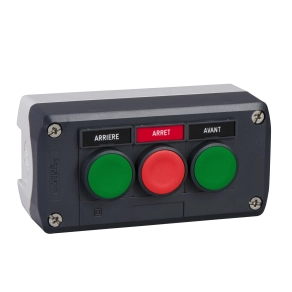 Schneider Electric Harmony XALD - XALD311 - tokozott nyomógomb, 2 zöld - 1 piros nyomógomb, 1NO+1NC, "Avant" "Arrét" "Arriére" felirati címkék