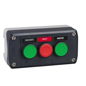 Schneider Electric Harmony XALD - XALD321 - tokozott nyomógomb, 2 zöld - 1 piros nyomógomb, 1NO+1NC, "Montée" "Arrét" "Descente" felirati címkék