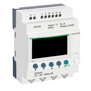 Schneider Electric Zelio Logic - SR3B101BD - programozható relé, bővíthető, LCD kijelző, 2 DI + 2 DI/AI, 4 DO relés, belső órával, 24 VDC