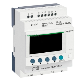   Schneider Electric Zelio Logic - SR3B102BD - programozható relé, bővíthető, LCD kijelző, 2 DI + 2 DI/AI, 4 DO tranzisztoros, belső órával, 24 VDC