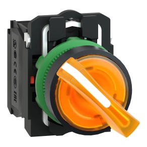 Schneider Electric Harmony XB5 - XB5AK125M5 - komplett műanyag LED világító választókapcsoló, Ø22, 2 állású, 230 VAC, 1NO+1NC, narancs