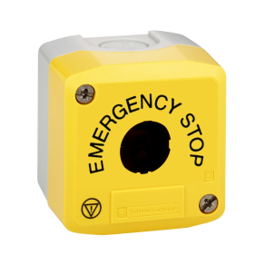   Schneider Electric Harmony XALK - XALK01H29 - tokozat vészleállítóhoz, sárga, üres, 1 kivágás, "EMERGENCY STOP" felirat és logo