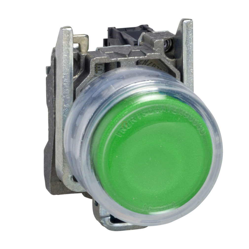 ATEX D nyomógomb, fém, 1NO, zöld, átlátszó védőspkával, címke tartóval XB4BP381EX Schneider