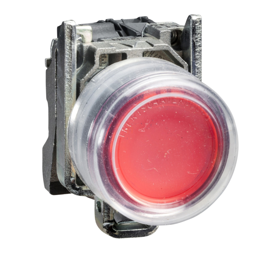 ATEX D világító nyomógomb, fém, 1NC, piros, átlátszó védősapkával, 240VAC XB4BP483M5EX Schneider