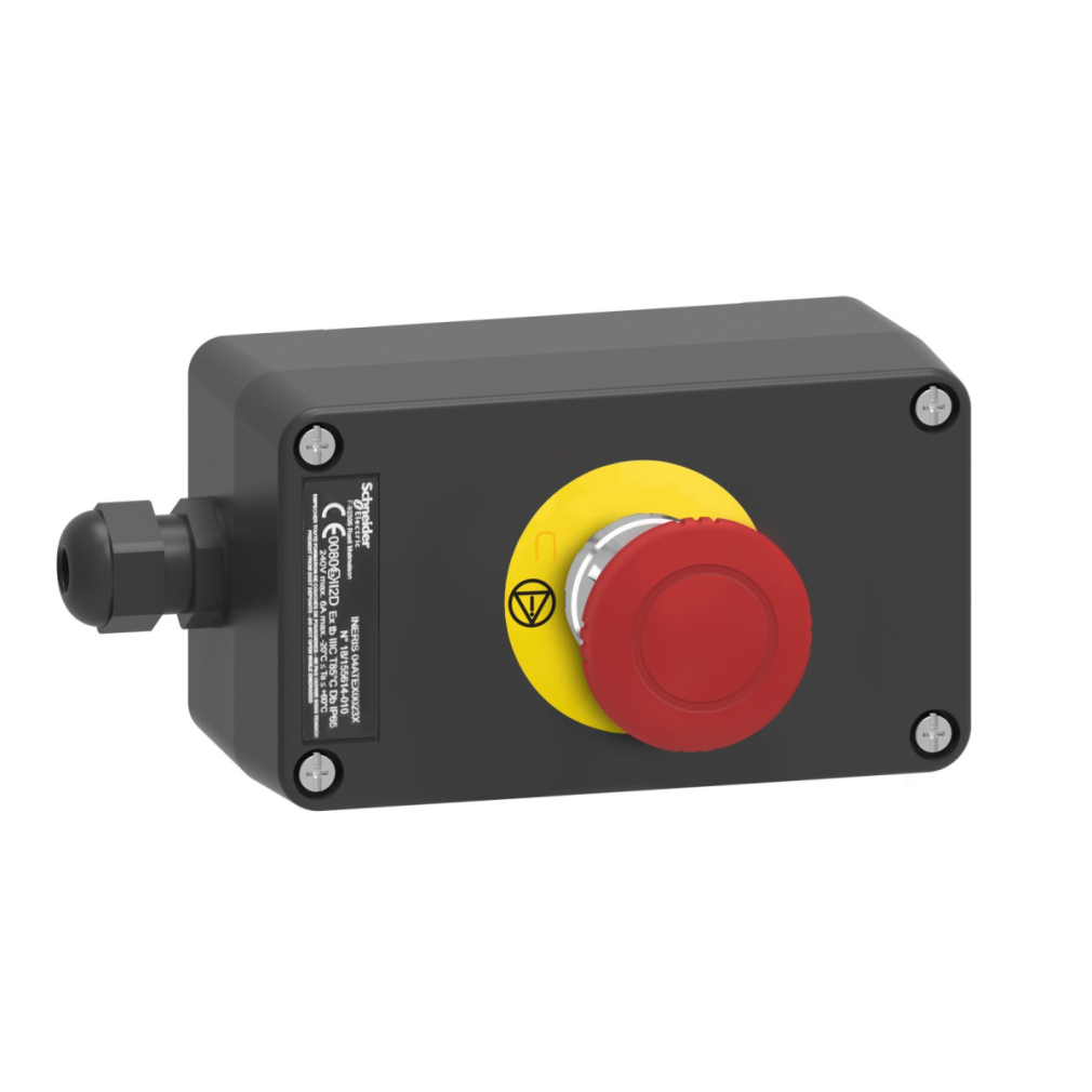 ATEX D tokozott vészleállító, gombafejű 40mm, forgatásra oldó, műanyag, 1NC, piros XAWG198EX Schneider