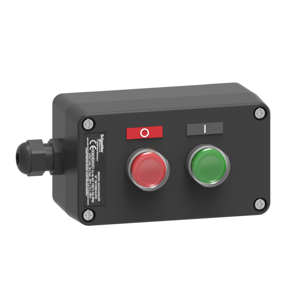 ATEX D tokozott kettős nyomógomb, műanyag, 1NO zöld, 1NC piros XAWG210EX Schneider
