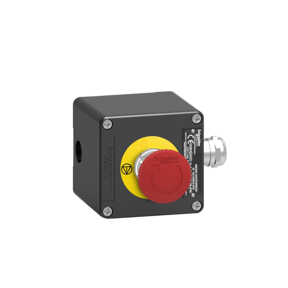 ATEX D tokozott vészleállító, gombafejű 40mm, forgatásra oldó, fém, 2NC, piros XAWF178EX Schneider