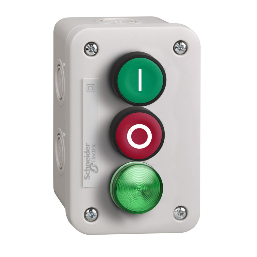 XAL-E33V1M Harmony Tokozott nyomógomb állomás, 1 zöld I, 1 piros O, 1 zöld LED, 230VAC Schneider