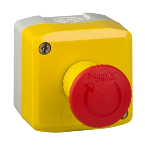 Schneider Electric Harmony XALK - XALK178 - tokozott vészgomb, sárga, 1 piros gombafejű nyomógomb, forgatásra kioldó, 1NC, felirat nélkül