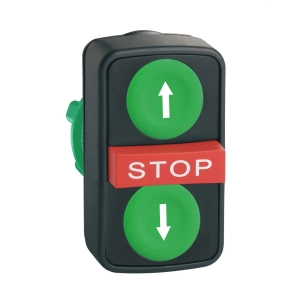 Schneider Electric Harmony XB5 - ZB5AA73134 - műanyag kettősfejű nyomógomb fej, Ø22, visszatérő, 1 - 1 zöld fel/le nyíl nyomógomb, piros kiemelkedő STOP gomb