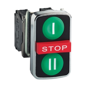 Schneider Electric Harmony XB4 - XB4BA731327 - komplett fém kettősfejű nyomógomb, Ø22, visszatérő, 2NO+1NC, 2 zöld "I"/"II" + 1 piros kiálló STOP gomb