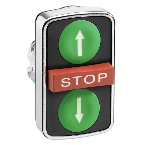 Schneider Electric Harmony XB4 - ZB4BA73134 - fém kettősfejű nyomógomb fej, Ø22, visszatérő, 1-1 zöld fel/le nyíl nyomógomb, piros kiemelkedő STOP gomb