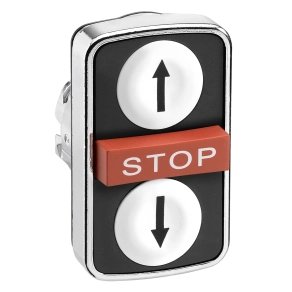 Schneider Electric Harmony XB4 - ZB4BA71114 - fém kettősfejű nyomógomb fej, Ø22, visszatérő, 1-1 fehér fel/le nyíl nyomógomb, piros kiemelkedő STOP gomb