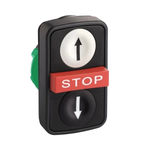 Schneider Electric Harmony XB5 - ZB5AA71124 - műanyag kettősfejű nyomógomb fej, Ø22, visszatérő, 1 - 1 fehér/fekete fel/le nyíl nyomógomb, piros kiemelkedő STOP
