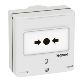   Legrand kézi jelzésadó vészleállításhoz, 2 db LED jelzőfénnyel (1 piros + 1 zöld), fehér RAL 9003, 2 váltóérintkezővel-5A-24V=, IP30-IK07 - 138074