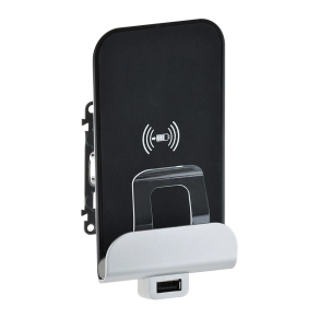   Legrand Valena Allure vezeték nélküli töltőállomás USB A típusú csatlakozóval, 2, 4 A/ 12 W, 136, 5 x 70 x 56, 5 mm, lopásgátlóval, 10°dőlés, fehér - 755114