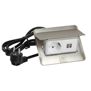   Legrand Pop-up felszerelt felnyíló süllyesztett doboz 4 modul, 1x2P+F, 2xUSB (2, 4A), 2 m vezeték 2P+F dugóval, rozsdamentes acél - 654009