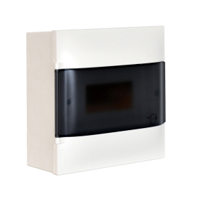   Legrand PractiboxS 1 sor 8 modul, falon kívüli kiselosztó, átlátszó füstszínű ajtóval, védőföld és nulla elosztókapoccsal - 134218