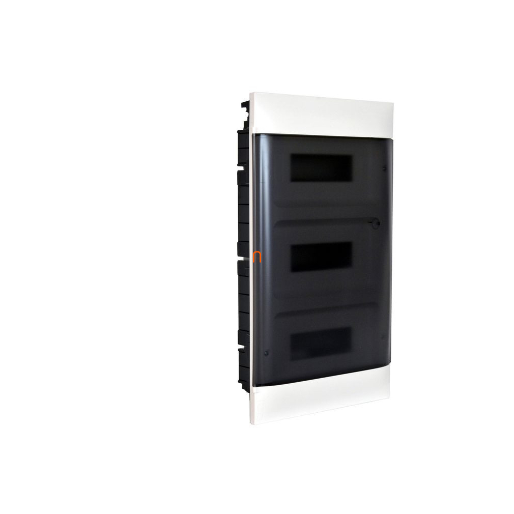 Legrand 135173 PractiboxS gipszkartonba süllyeszthető kiselosztó, 3 sor 12 modul, átlátszó füstszínű ajtóval, védőföld és nulla elosztókapoccsal