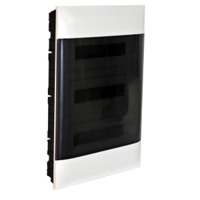   Legrand PractiboxS gipszkartonba süllyeszthető kiselosztó, 3 sor 18 modul, átlátszó füstszínű ajtóval, védőföld és nulla elosztókapoccsal - 137178