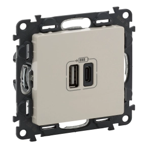   Legrand Valena Life töltőaljzat kettős USB C-típusú + USB A-típusú csatlakozóval, 5V–3A–15W, Túlfesz-védelem <gt/>1kW, Class II SELV, Elefántcsont - 753206