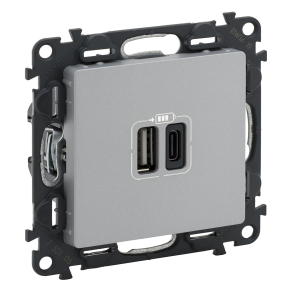   Legrand Valena Life töltőaljzat kettős USB C-típusú + USB A-típusú csatlakozóval, 5V–3A–15W, Túlfesz-védelem <gt/>1kW, Class II SELV, alumínium - 753306