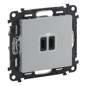   Legrand Valena Life töltőaljzat kettős USB C-típusú csatlakozóval, 5V–3A–15W, Túlfesz-védelem <gt/>1kW, Class II SELV, alumínium - 753307