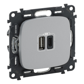   Legrand Valena Allure töltőaljzat kettős USB C-típusú + USB A-típusú csatlakozóval, 5V–3A–15W, Túlfesz-védelem <gt/>1kW, Class II SELV, alumínium - 754967