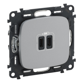   Legrand Valena Allure töltőaljzat kettős USB C-típusú csatlakozóval, 5V–3A–15W, Túlfesz-védelem >1kW, Class II SELV, alumínium - 755347