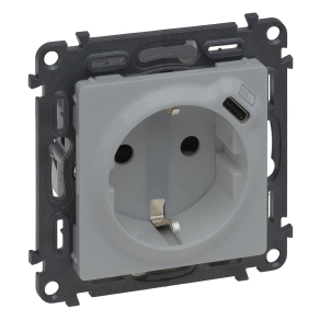   Legrand Valena Life 2P+F csatlakozóaljzat + USB-C töltőaljzat 1, 5A-5V-7, 5W, körmös/csavaros rögzítés, rugós bekötéssel, alumínium - 753335