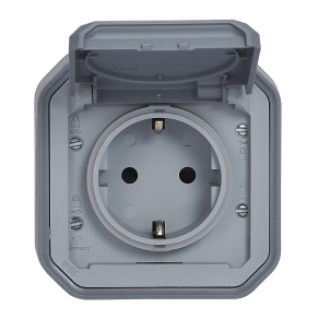   Legrand Plexo 55 falon kívüli 2P+F csatlakozóaljzat csapófedéllel, összeszerelt, csavaros vezetékbekötéssel, szürke - 069733L