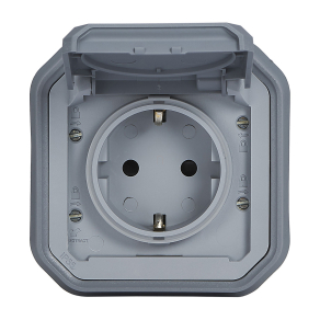   Legrand Plexo 55 süllyesztett 2P+F csatlakozóaljzat csapófedéllel, összeszerelt, csavaros vezetékbekötéssel, szürke - 069833L