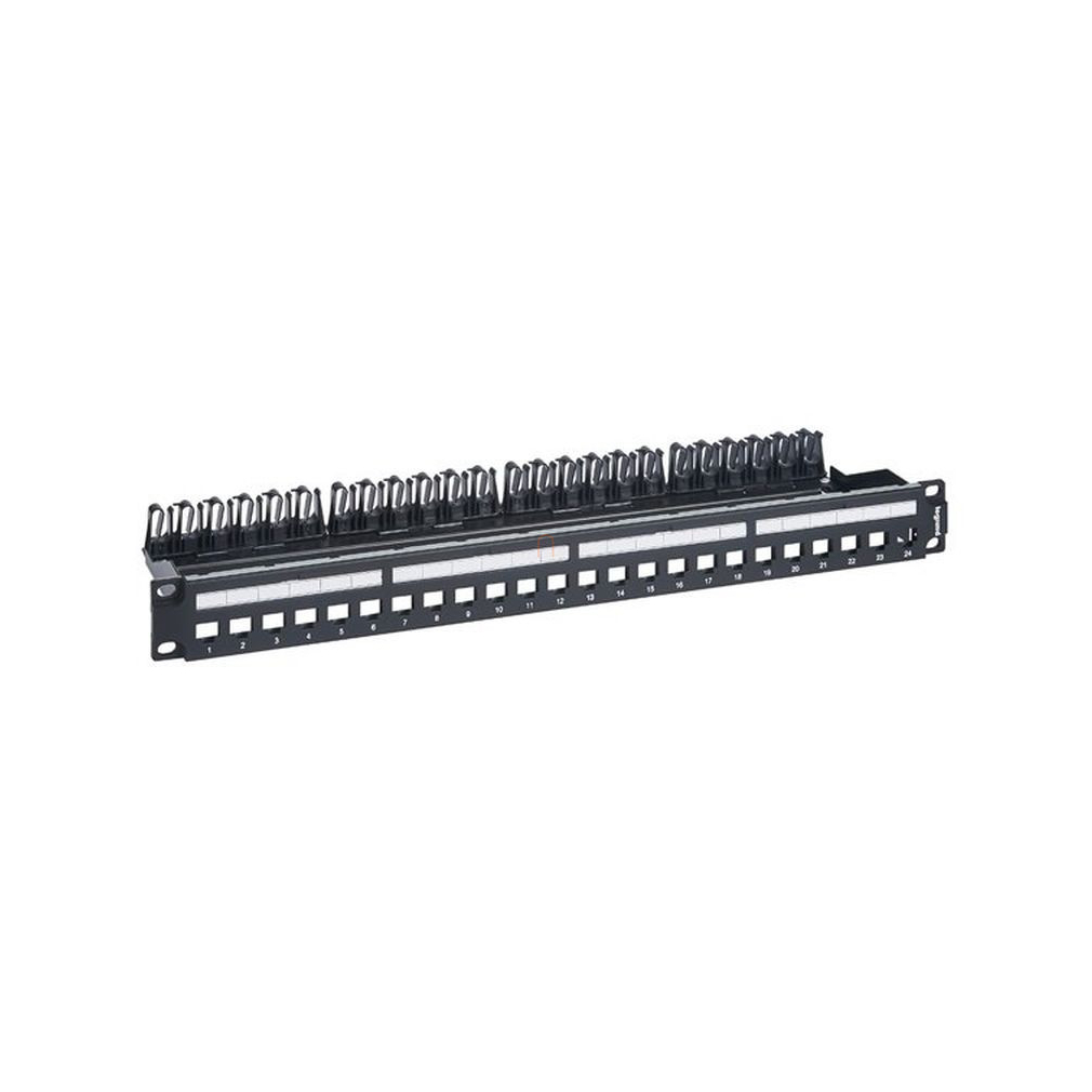 Üres keystone patch panel 1U-19coll 24xRJ45 port fogadására fém kábeltartóval LinkeoC 632850 Legrand
