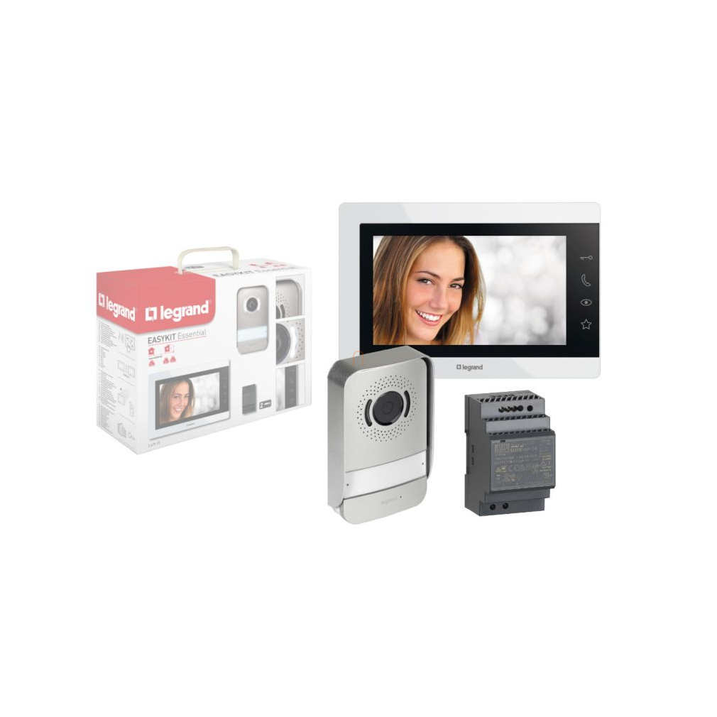 Legrand 2 vezetékes EASYKIT Essential videó kaputelefon szett: színes videó, 7col, bővíthető 1 lakásos, DIN moduláris táppal, fehér 367915